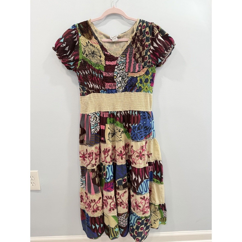 Signature Vintage Patchwork Dress Small Boho Embroidered Colorful Midi Artsy